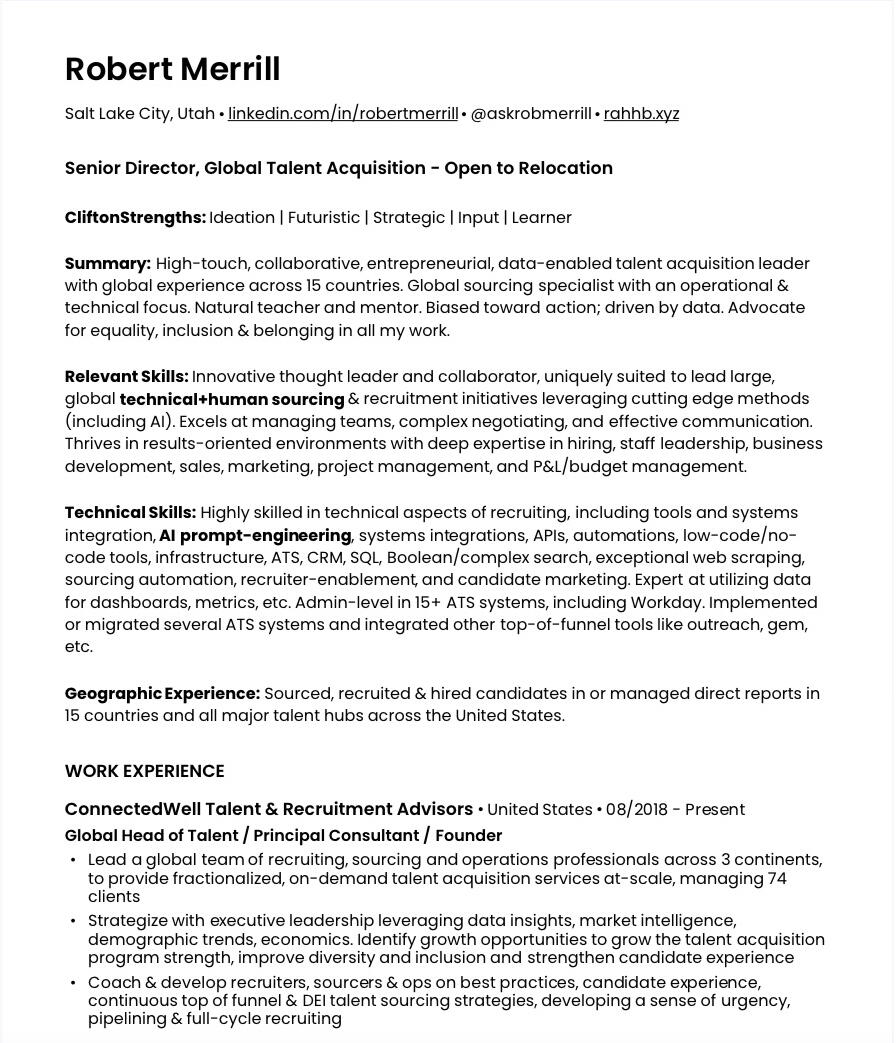 Robert Merrill Salt Lake City, Utah • linkedin.com/in/robertmerrill • @askrobmerrill • rahhb.xyz Senior Director, Global Talent Acquisition - Open to Relocation CliftonStrengths: Ideation | Futuristic | Strategic | Input | Learner Summary: High-touch, coll